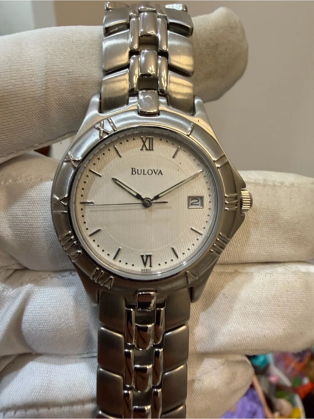 Bulova 96B21 Stainless Steel White Pinstripe Dial Roman Bezel Quartz Watch T9